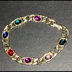 Vintage Gold Bracelet with Multicolor Cabochons - Red, Blue, Green, Purple, Pink